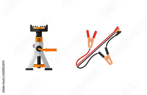 Tableau sur toile Vector illustration of car repair tools - jack stand and jumper cables