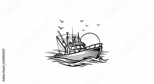 Stylized outline of a fishing boat on wavy water under a setting sun
