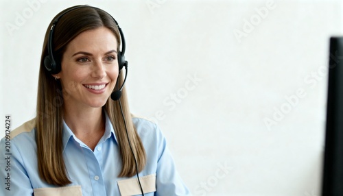 Smiling customer service representative wearing headset. Happy call center agent working in office. Copy space for text