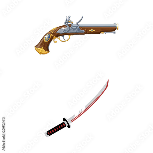 Foto Detailed Vector Illustration of Historical Weaponry Classic Flintlock Pistol and