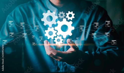 Cuadro en lienzo Automation workflow and system integration, gears, connected data nodes, process automation, digital transformation, business workflow management, data synchronization, enterprise system optimization