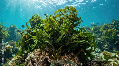 Sunlight streams through the water, illuminating a dense underwater kelp forest. A large patch of kelp dominates the center of the image, surrounded by smaller kelp strands and rocky formations.