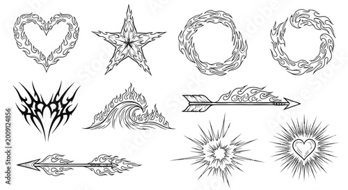 Tribal Tattoo Elements: Flame Heart, Star, Wreath, Arrow, Wave, Burst