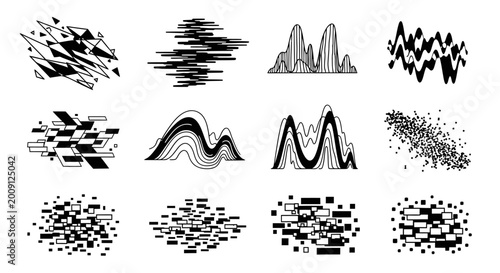 Abstract Geometric Shapes and Patterns, Black and White Line Art, Grunge Textures