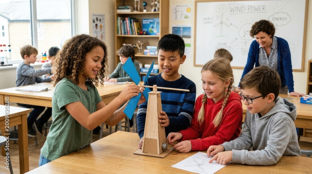 Fototapeta premium Several elementary school students are collaboratively building a wind turbine model at a classroom table. A teacher is assisting them.