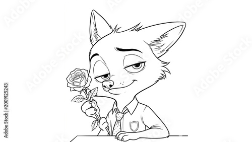 Bild auf Leinwand Sly Suitor: Smug Fox with Rose Line Art