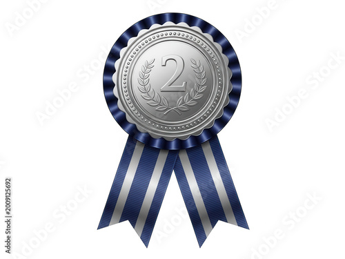 Silver second place ribbon award with blue and white stripes isolated on transparent background