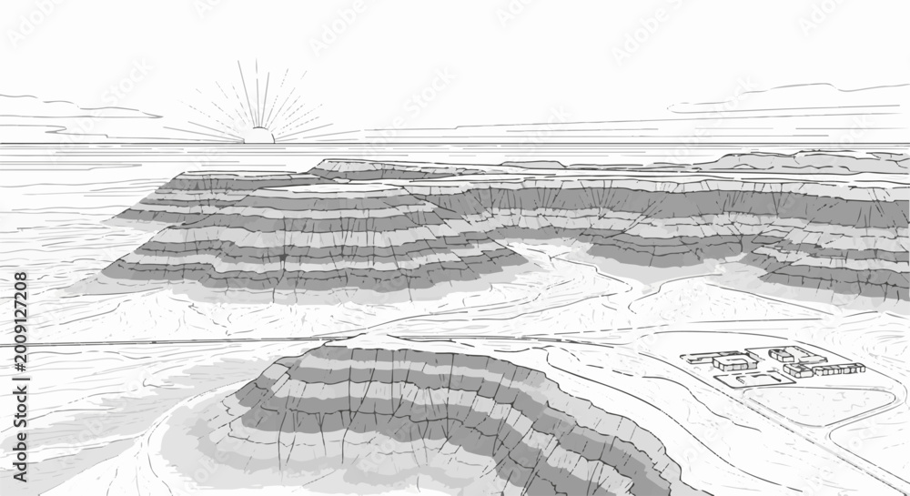 Fototapeta premium Sunrise over layered canyons with a distant building complex