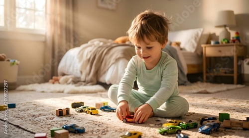Cute Child Boy Playing Toy Cars