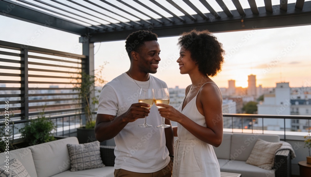 Naklejka premium Black couple toasting with wine on a rooftop terrace at sunset. Romantic date night in the city with skyline view. Happy man and woman celebrating together outdoors