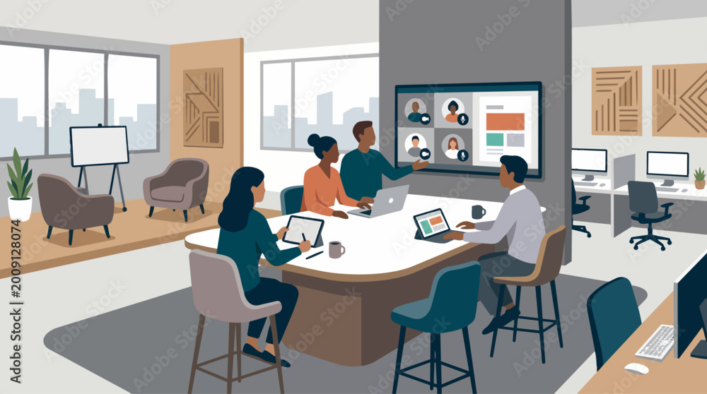 Naklejka premium Remote Collaboration Office Scene With Screens and Flexible Seating