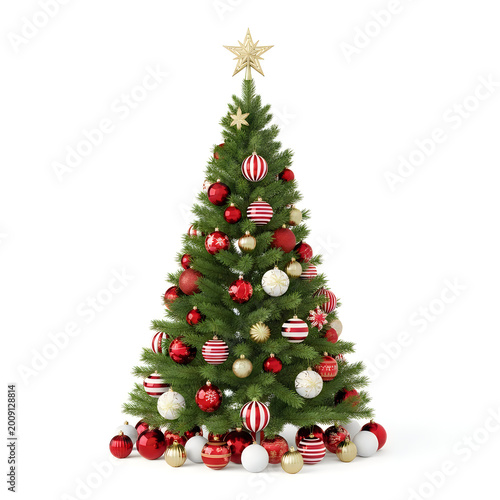 Decorated christmas tree with red and white ornaments and a star topper