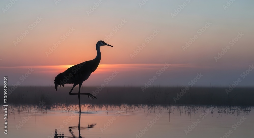 Naklejka premium Sandhill crane stands in the shallow water of a misty wetland during a vibrant sunrise.