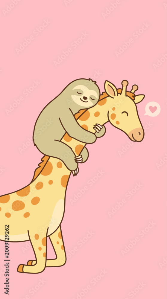Naklejka premium Cute Sloth Hugging Giraffe Vector Illustration, Happy Wild Animal Friends Embracing, Slow Life and Friendship Concept for Kids Nursery and Posters