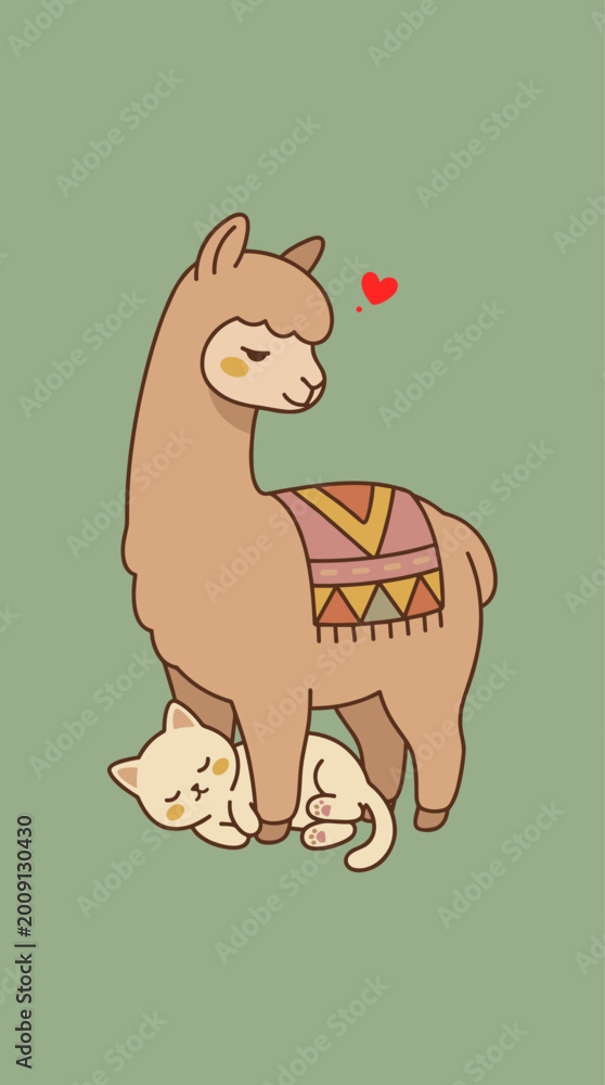 Naklejka premium Peaceful Alpaca and Sleeping Cat Illustration, Cute Llama with Blanket and Pet Friend, Animal Friendship, Kawaii Serene Scene, Pastel Green Background Vector Art