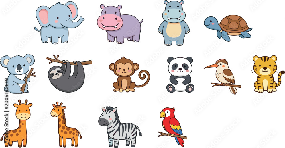 Fototapeta premium Large Collection of Cute Baby Animal Vectors Featuring Elephant Panda Tiger Giraffe and Zebra for Kids Education Nursery Wall Art and Sticker Designs.