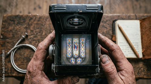 Vintage camera showing a reflection of beautiful colorful stained glass church windows
