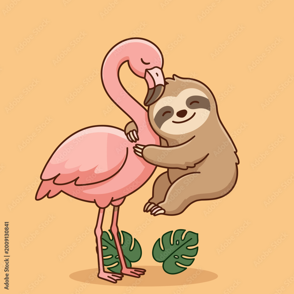Fototapeta premium Cute Flamingo and Sloth Hugging Illustration, Best Friends Animal Characters, Tropical Wildlife Friendship Hug Vector, Sweet Relationship Concept for Nursery Decor