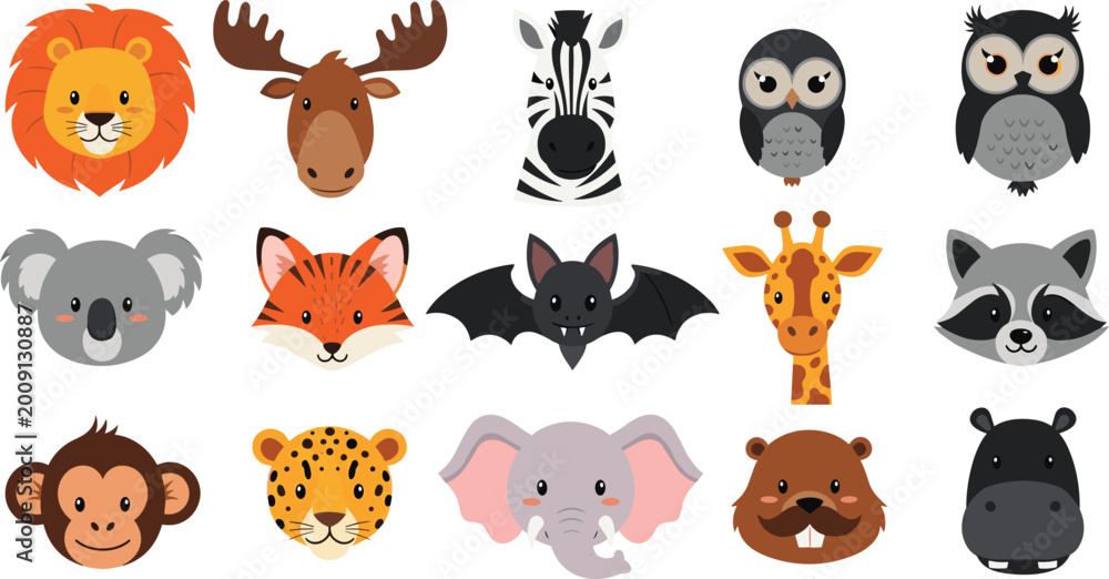 Fototapeta premium Animal Face Illustration Collection Featuring Lion, Moose, Zebra, Owl, Koala, Fox, Bat, Giraffe, Monkey, Elephant, and Stylized Cartoon Wildlife Designs