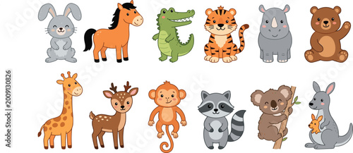 Canvas Print Large Collection of Cute Baby Animal Vectors Featuring Rabbit Horse Crocodile Tiger Rhino Bear Giraffe Deer Monkey Raccoon Koala and Kangaroo for Kids Education
