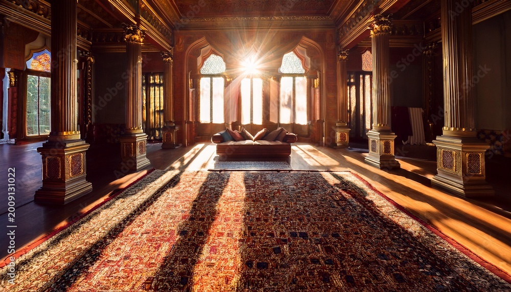 Obraz premium sunbeams illuminate a grand ornate room with patterned carpets and cushions