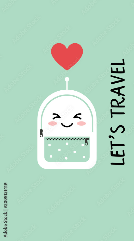 Naklejka premium White Backpack Heart Travel, School Bag Vector, Adventure Journey Illustration, Let's Travel Quote Design, Minimalist Holiday Packing Graphic Art