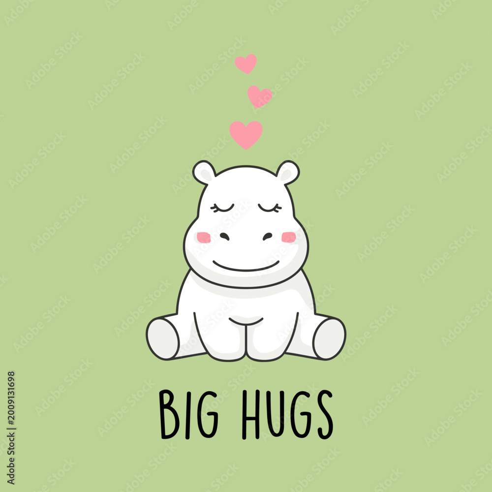 Obraz premium Hippo Hugging Heart Cute Hippo Character, Big Hugs Text, Kawaii Hippo Illustration for Greeting Cards, Love and Kindness Concept Vector, Baby Animal Graphic