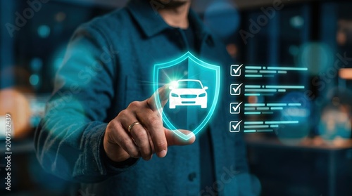 Hand touching a car insurance policy hologram with a checklist protection plan financial services insurance protection security coverage document checklist confirmation agreement business