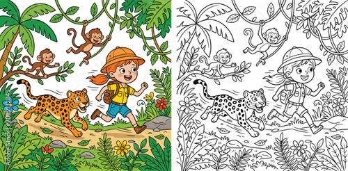 Photography Happy Cartoon Girl Explorer Running in Jungle with Leopard and Monkeys