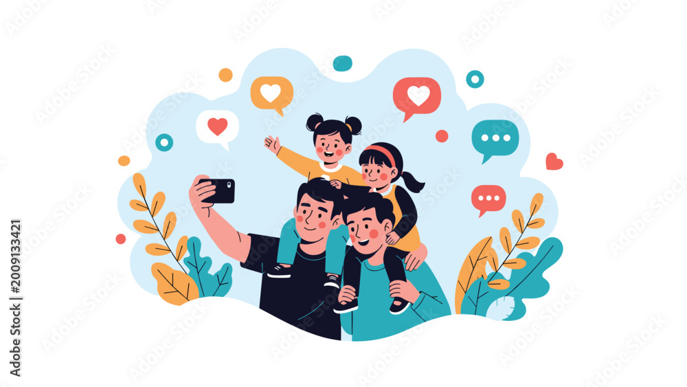 Naklejka premium Happy family with two young children taking a group selfie with their smartphone among hearts and speech bubbles.