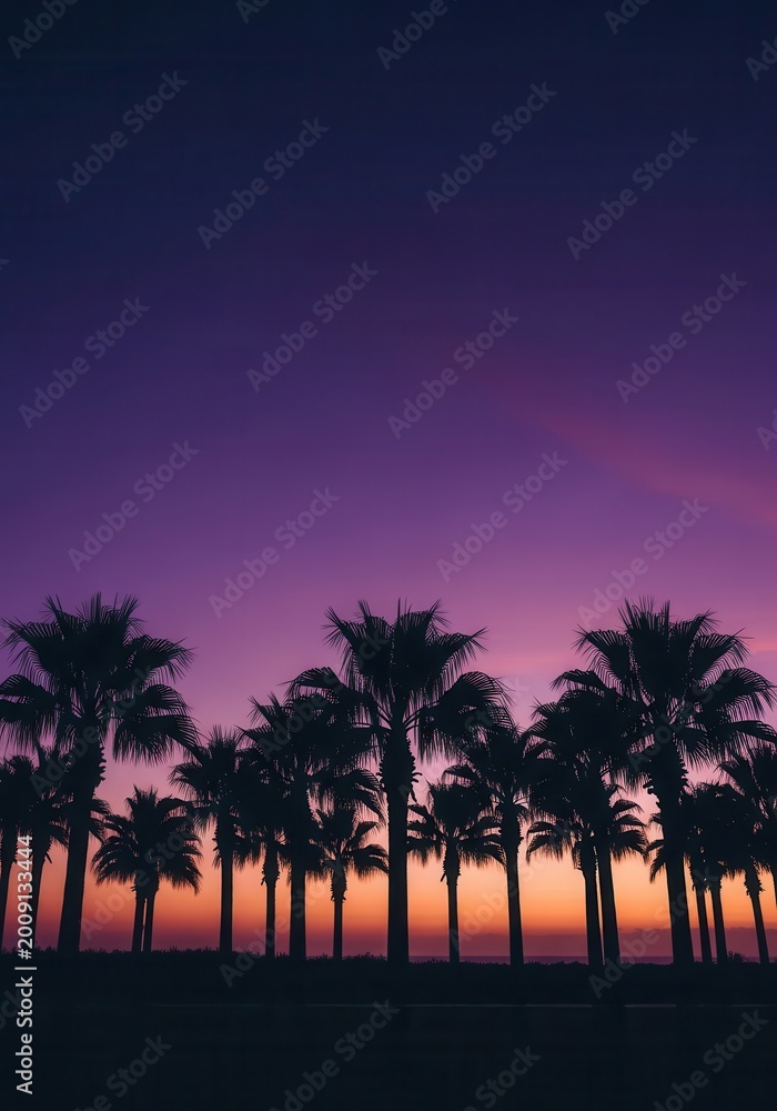 Obraz premium Silhouetted palm trees stand against a vibrant gradient sky during a tropical sunset.