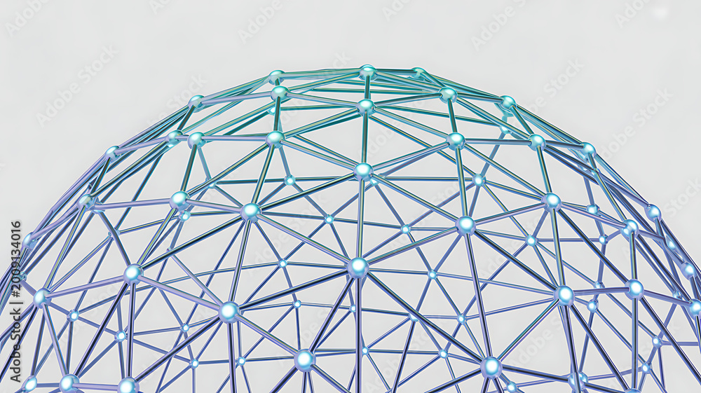 Fototapeta premium Abstract wireframe dome sphere built from plexus lines and connected nodes, isolated on white background. 