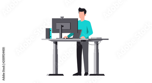 Businessman working at a height adjustable standing desk with computer, modern flat illustration of ergonomic office workspace and healthy work habits