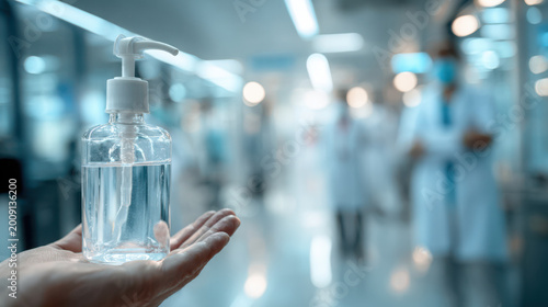 Hand holding a bottle of clear hand sanitizer in a hospital setting with medical staff