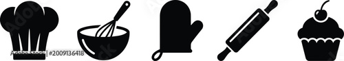 Photography Black baking icons set including chef hat, mixing bowl, oven mitt, rolling pin,