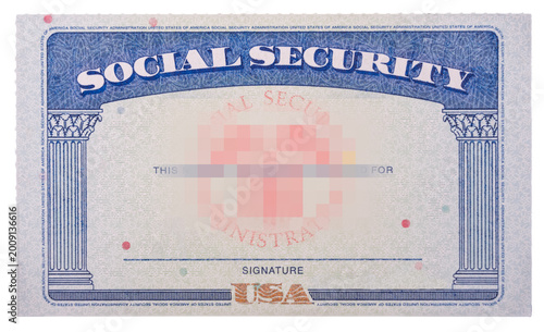 Blank and empty unfilled USA social security card with the center personal details area deliberately pixelated to hide the identify.