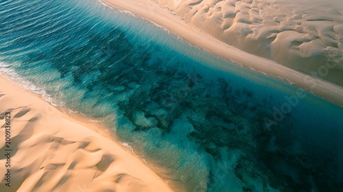 Golden desert meets turquoise ocean a serene landscape blending arid earth with vibrant marine life