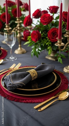 A formal dining table set with dark plates, gold cutlery, and a floral centerpiece of red roses and greenery.