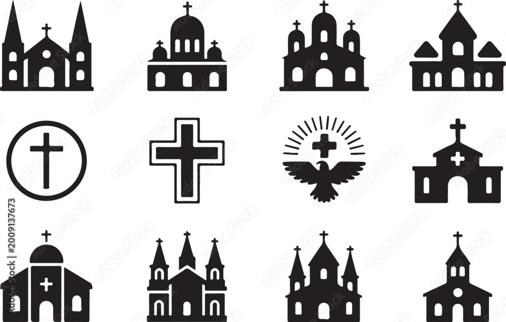 Fototapeta premium Set of black silhouette church buildings and religious symbols including crosses dove and sunburst on transparent background.