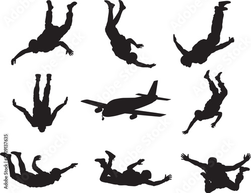 Skydiving Silhouette Set Vector, Freefall Parachute Jumping People with Airplane, Extreme Sports Action Collection