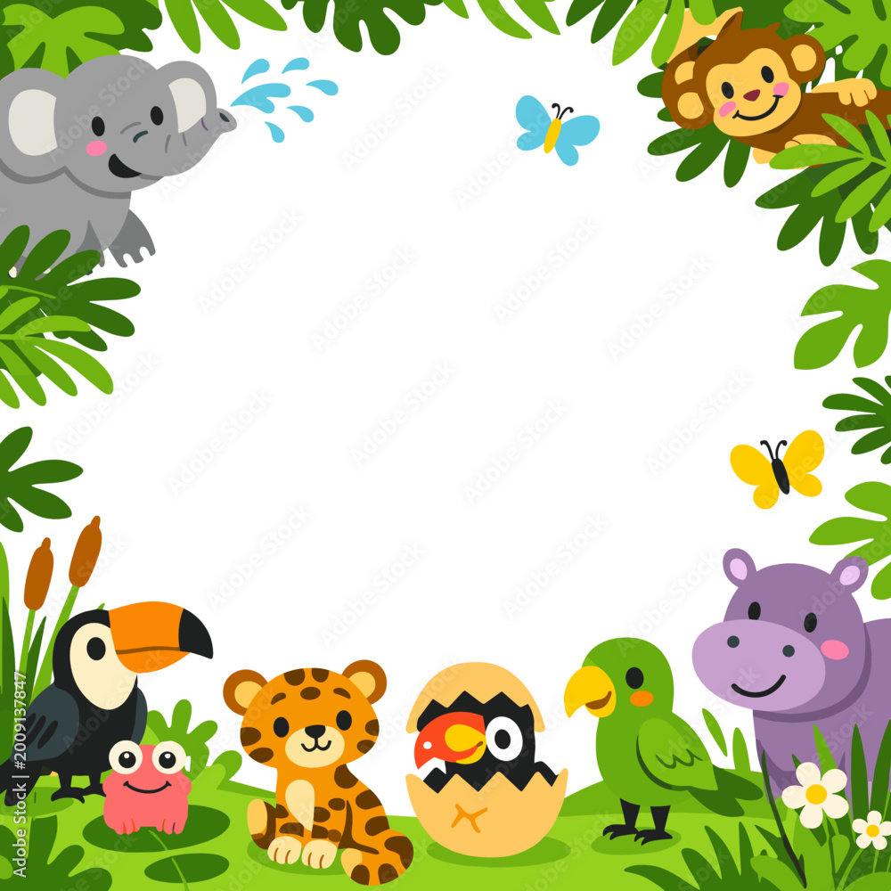 Obraz premium A decorative tropical green jungle frame border with lush leaves and vines on transparent background. Exotic botanical border for invitation cards, posters and nature-themed designs.