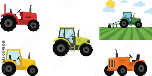 Schilderij op canvas Colorful Tractor Illustration Collection Featuring Farm Machinery and Agricultur