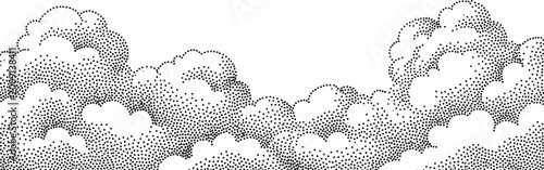 Stippled vector illustrations of fluffy clouds. Graphics covering weather and nature concepts. Elements for sky backgrounds in dotwork style.