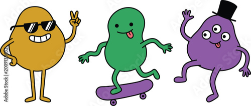 Comic vector illustrations of funny monsters. Graphics covering entertainment and lifestyle concepts. Concepts for web design in filled outline style.