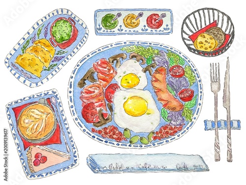 Plates with breakfast, watercolor illustration