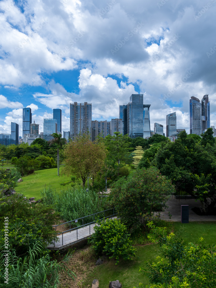 Fototapeta premium Shenzhen skyline above a lush urban park under dramatic clouds