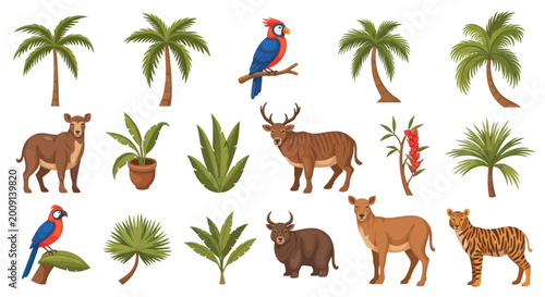 Bild auf Leinwand Jungle Animals and Tropical Plants Collection - Exotic Wildlife and Flora