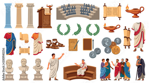 Ancient Rome and Greece objects, people, and symbols set including columns, scrolls, oil lamps, coins, busts, and citizens in togas vector illustration