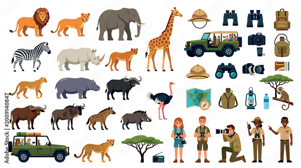 Naklejka premium Lion elephant giraffe zebra rhinoceros cheetah hippopotamus buffalo wildebeest hyena warthog ostrich monkey safari animals and equipment flat icon set