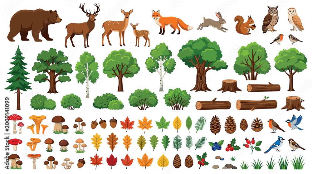 Fototapeta premium Forest animals bear deer fox rabbit squirrel owl birds, trees bushes logs mushrooms leaves berries, nature elements vector illustration set